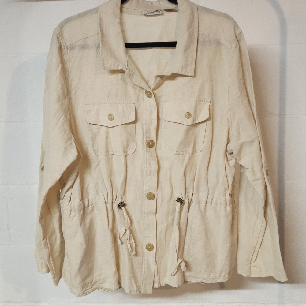 Liz Claiborne Linen Blend Utility Jacket Drawstring Waist Neutral Tan Minimalist